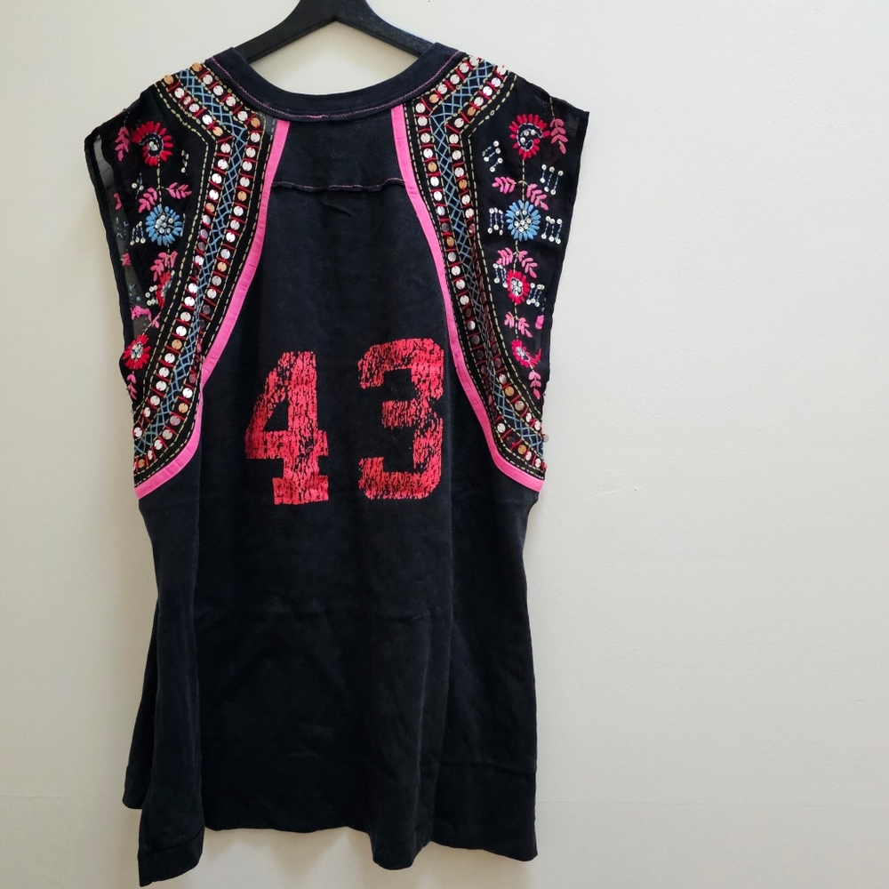 Free People Black Tank Top with Red Accents and Multicolor Embellished Shoulders - Picture 5 of 7